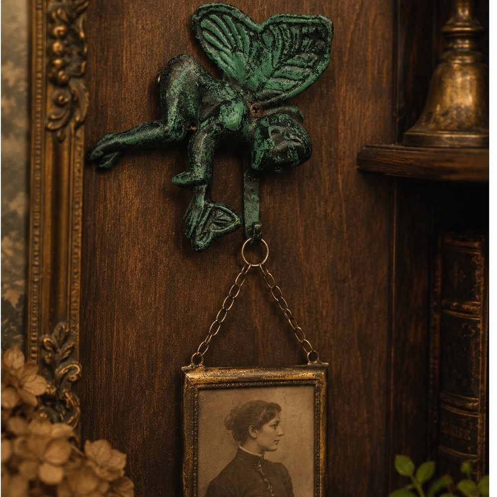 1940's Vintage Style Cast Iron Fairy Wall Hook Verdigris Green Patina Cottage‎